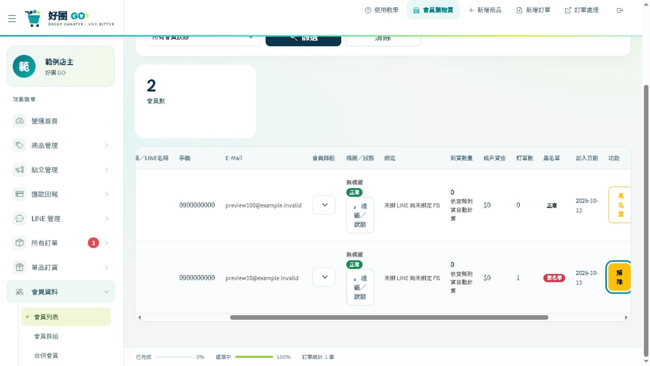 會員列表：本店停用的會員會有黑名單標示，該列可按「解除」。